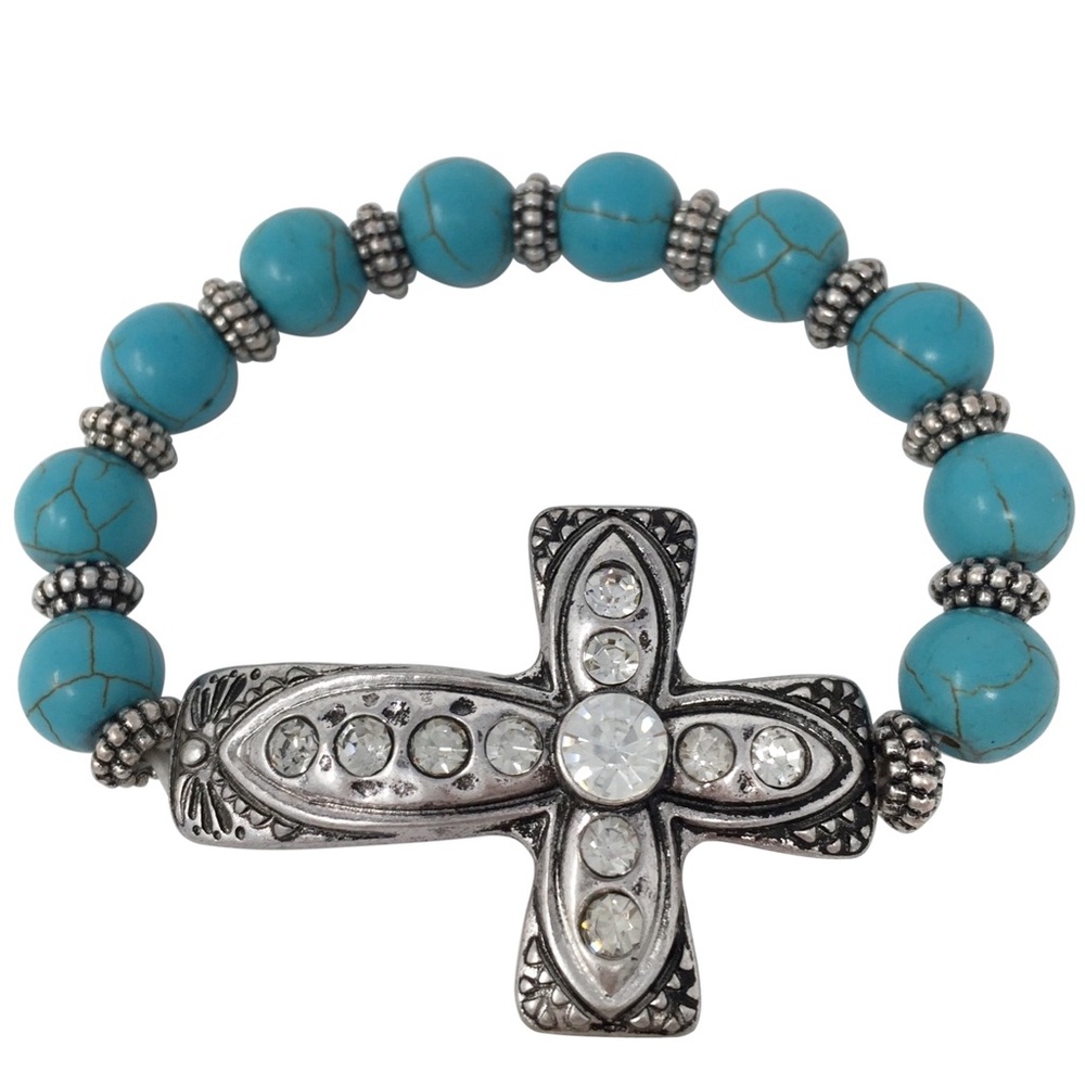 Sideways Cross Turquoise Beaded Christian Silver Tone Stretch Bracelet